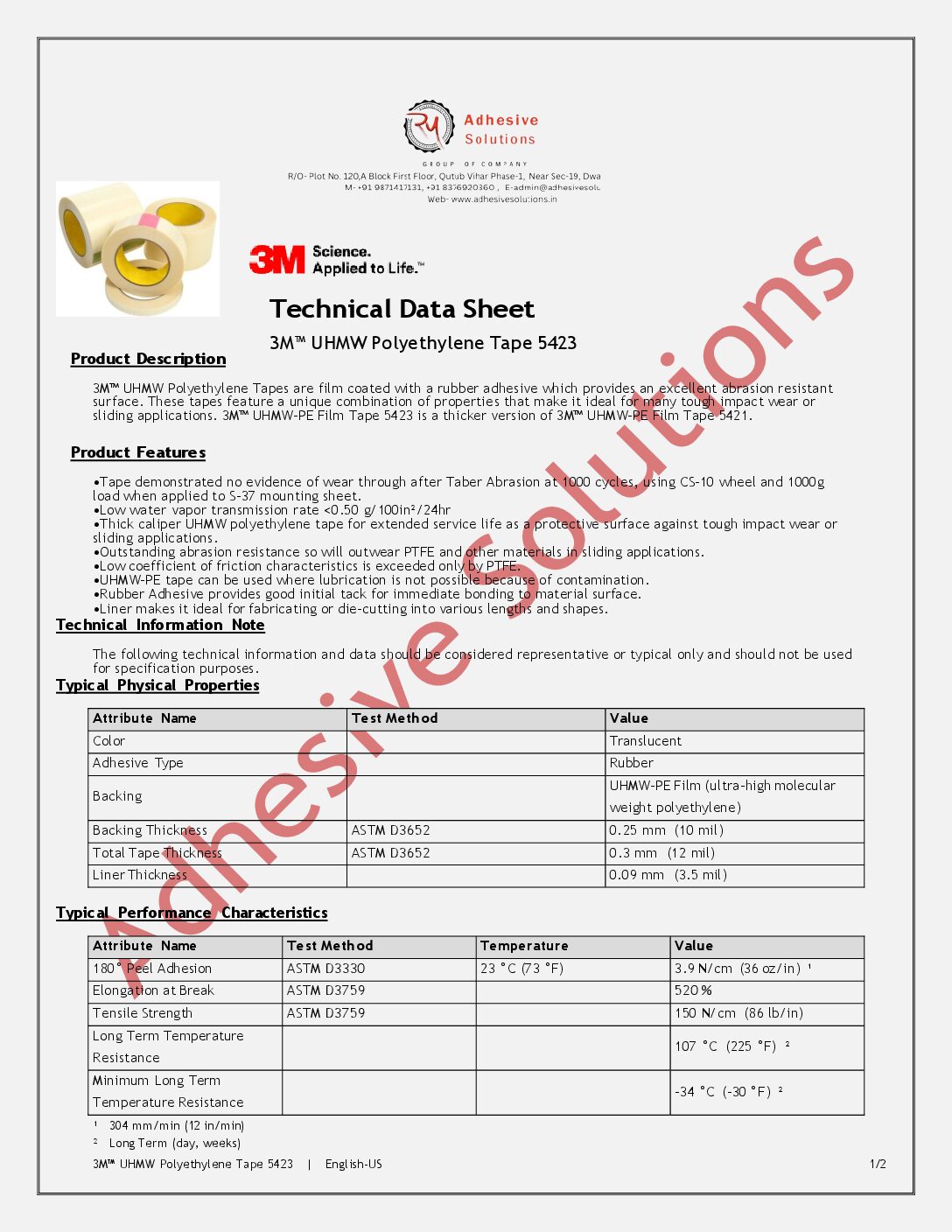 3M™ UHMW Film Tape 5423(2* 18 yards)